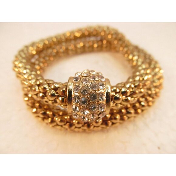 Gold Tone Stretch Metal Mesh Tube Rhinestone Bracelet 2 Piece Lot - Picture 13 of 15